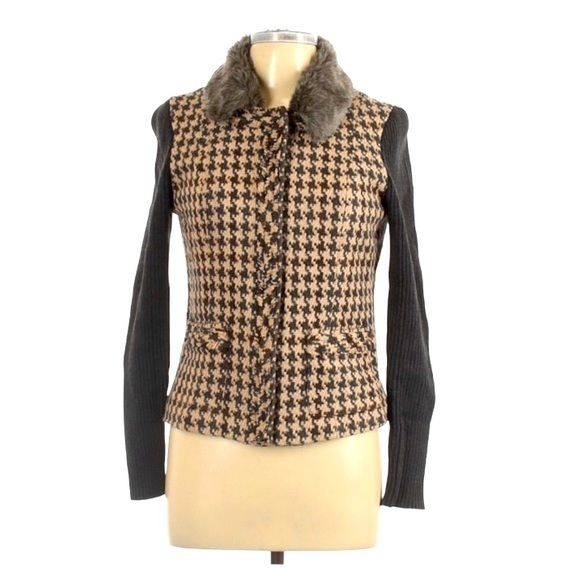 CAbi 6 978 Mixer Houndstooth brown wool blend removable faux fur collar‎ jacket - Picture 1 of 11